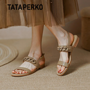 TATA PERKO联名女鞋2023年复古夏天法式女中跟粗跟方头露趾凉鞋