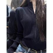 韩国早春黑色立领拉链针织开衫女装气质毛衣外套流行漂亮修身上衣