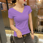 紫色t恤女v领短袖修身夏装，2023年低领纯棉，露背上衣网红ins潮