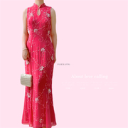 梦游vintage古着桃红色旗袍领高腰，修身手工钉珠优雅性感连衣裙女