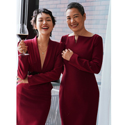 brandbymei连衣裙女红色，长袖法式气质名媛包臀裙一字，v领性感
