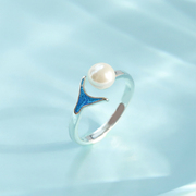 日韩潮人s925纯银饰品，美人鱼鲸鱼尾巴珍珠小众，设计开口戒指女指环