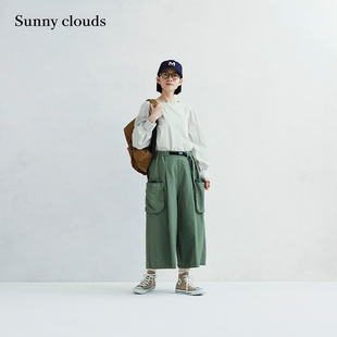 春季 桑妮库拉/Sunny clouds纯棉落肩针织拼接罩衫米灰色上衣