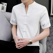 男士个性v领短袖t恤夏季中国风刺绣棉麻复古民族风青年透气体恤衫
