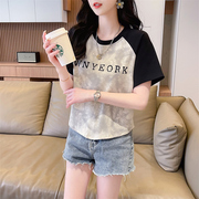 纯棉t恤女短袖夏季韩版宽松大码女装设计感小众插肩袖短款上衣服
