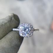 公主正方钻戒指s925纯银，方形克拉钻戒女仿真莫桑钻石求婚结婚指环
