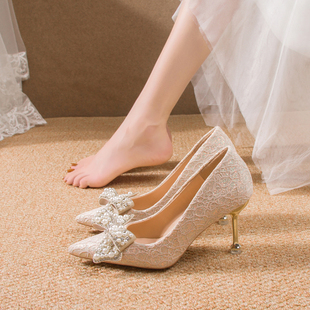 法式水晶婚鞋女亮片珍珠单鞋2023水钻方扣黑色高跟鞋细中跟婚鞋