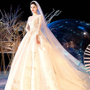 冬季新娘女公主结婚长袖一字，肩韩版绑带齐地长拖尾婚纱礼服