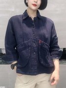 H235雪蓝杉棉麻宽松衬衫秋季加厚长袖polo 领shirts衬衣口袋