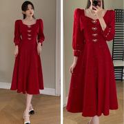 胖妹妹春秋法式方领红色礼服连衣裙大码胖mm高级感平时可穿长裙子