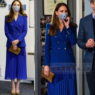 高端定制凯特王妃同款蓝色西装外套+百褶半身裙时尚名媛套装女秋