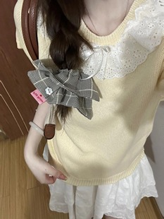 奶黄色夏季法式甜美温柔风手工，花边刺绣蝴蝶结针织短袖t恤女上衣