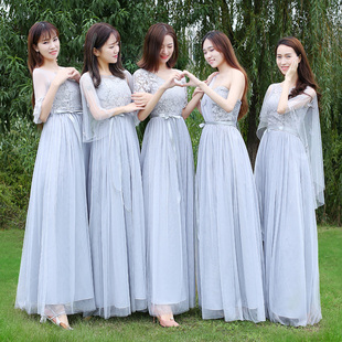 伴娘服女2020春夏季韩版修身显瘦长裙姐妹团网纱中袖灰色礼服