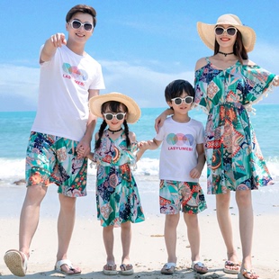 一家三口亲子装夏装泰国海边三亚度假母女裙沙滩装云南旅游穿套装