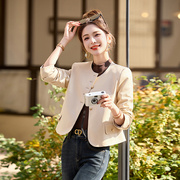 皮衣外套女2025新款长袖短款复古简约米色修身圆领PU机车夹克春秋