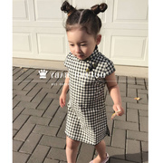 夏季女童格子旗袍中国风儿童，唐装纯棉宝宝，连衣裙文艺格子亲子装