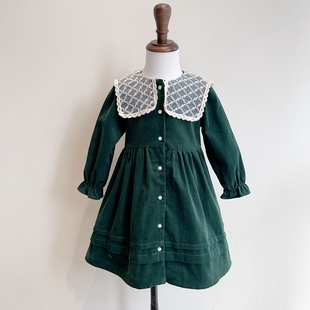 100-150韩系女童墨绿色蕾丝大翻领领条绒长袖连衣裙