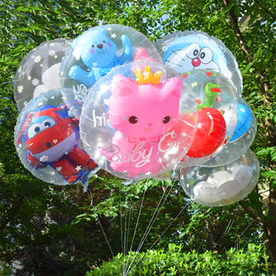 飘空铝膜透明球中球充氦气系，绳子可以飞卡通，儿童生日玩具铝箔气球