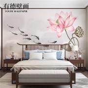 中式电视背景墙壁纸客厅，卧室禅意水墨荷花，九鱼影视墙墙纸墙布壁画