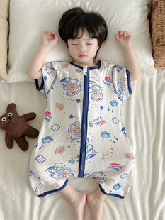 宝宝短袖睡袋夏季薄款儿童防踢被纯棉婴儿护肚连体哈衣空调家居服