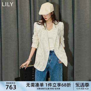 lily2024夏女装(夏女装，)浪漫镂空蕾丝都市，复古双排扣气质休闲西装外套