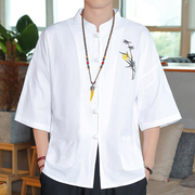 中国风棉麻男衬衫复古风唐装，夏季新中式立领，中山亚麻短袖半袖上衣