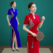 2024改良版走秀演出表演红色旗袍中国风气质修身弹力舞蹈服女