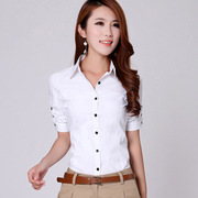 ol衬衫上衣女式韩国修身短袖棉女装职业白色，纯色通勤显瘦翻领