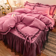 蕾丝四件套床裙紫色床罩韩式蝴蝶结，公主风仙女被套