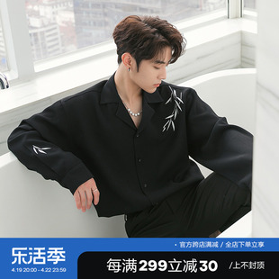 CHICERRO西西里男装新中式国风高级刺绣黑衬衫长袖春季设计感衬衣