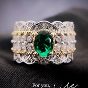 欧美复古宫廷蕾丝镂空古董祖母，绿宝石戒指小众轻奢宽版食指指环女