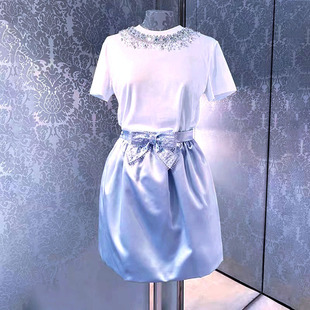 2023夏季名媛风重工钉珠，镶钻圆领甜美百搭白色，短袖t恤+半身裙