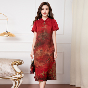 新中式真丝旗袍连衣裙红色喜婆婆婚宴装妈妈礼服香云纱裙子桑蚕丝