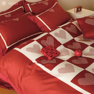红色喜被爱心，美谊家纺结婚床上四件套，全棉纯棉100s长绒棉婚庆床品