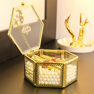 女生管家 金色玻璃中号六边形玻璃首饰盒珠宝盒收纳盒