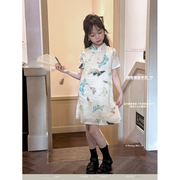 中国风夏装女童纯棉麻蝴蝶，改良旗袍裙子儿童，新中式盘扣短袖连衣裙