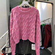 圆领镂空麻花编织慵懒长袖粉色毛衣女秋装套头洋气宽松针织衫2022