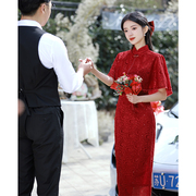 敬酒服新娘旗袍红色，改良结婚回门订婚礼服，连衣裙披肩两件套高级感