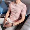 无痕短袖t恤男潮牌夏季薄款冰丝体恤韩版潮流修身弹力浅粉色半袖