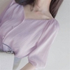 白雪纺(白雪纺)上衣女短袖小衫泡泡，袖紫色收腰法式方领设计感小众洋气衬衫