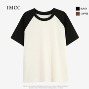 IMCC设计感小众复古美式拼色插肩短袖T恤女宽松百搭打底衫上衣ins