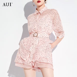 AUI粉色波点雪纺衬衫套装女夏2023设计感时尚气质短裤两件套