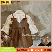 女童套装春秋2023儿童韩版洋气时髦打底衫+吊带小皮裙两件套