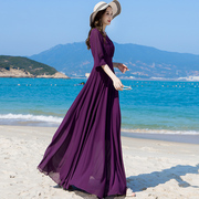 夏季克莱因蓝雪纺连衣裙女长款到脚踝2024沙滩超长紫色大摆裙