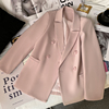 2022春秋季粉色西装领外套女双排扣修身型通勤纯色系长袖上衣