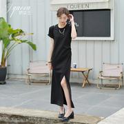 短袖连衣裙女夏季气质简约通勤高级感收腰显瘦开叉黑色长裙