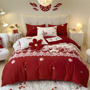 定制时尚喜字结婚床上用品四件套红色婚庆被套婚房喜被床单床笠款