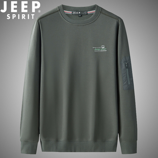 jeep吉普男士春季长袖t恤秋冬款加绒，圆领休闲套头卫衣宽松打底衫