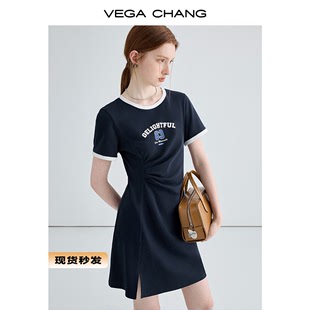 vegachang短袖t恤连衣裙女2023夏季小个子显瘦字母印花短裙