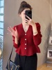 小香风红色毛衣外套，女2023秋冬设计感气质，显瘦针织开衫上衣